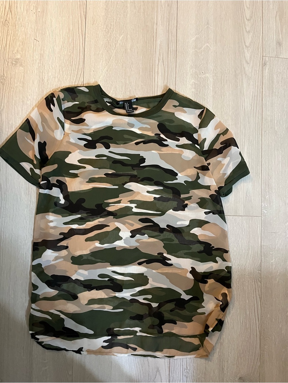 Forever 21 Green Tan Black Camo Short Sleeve Tee (See Through)